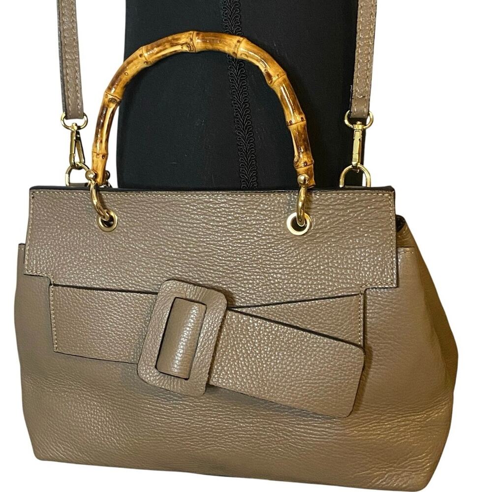 Vera Pelle Italy Taupe Leather Crossbody Handbag Bamboo‎ top handle classic